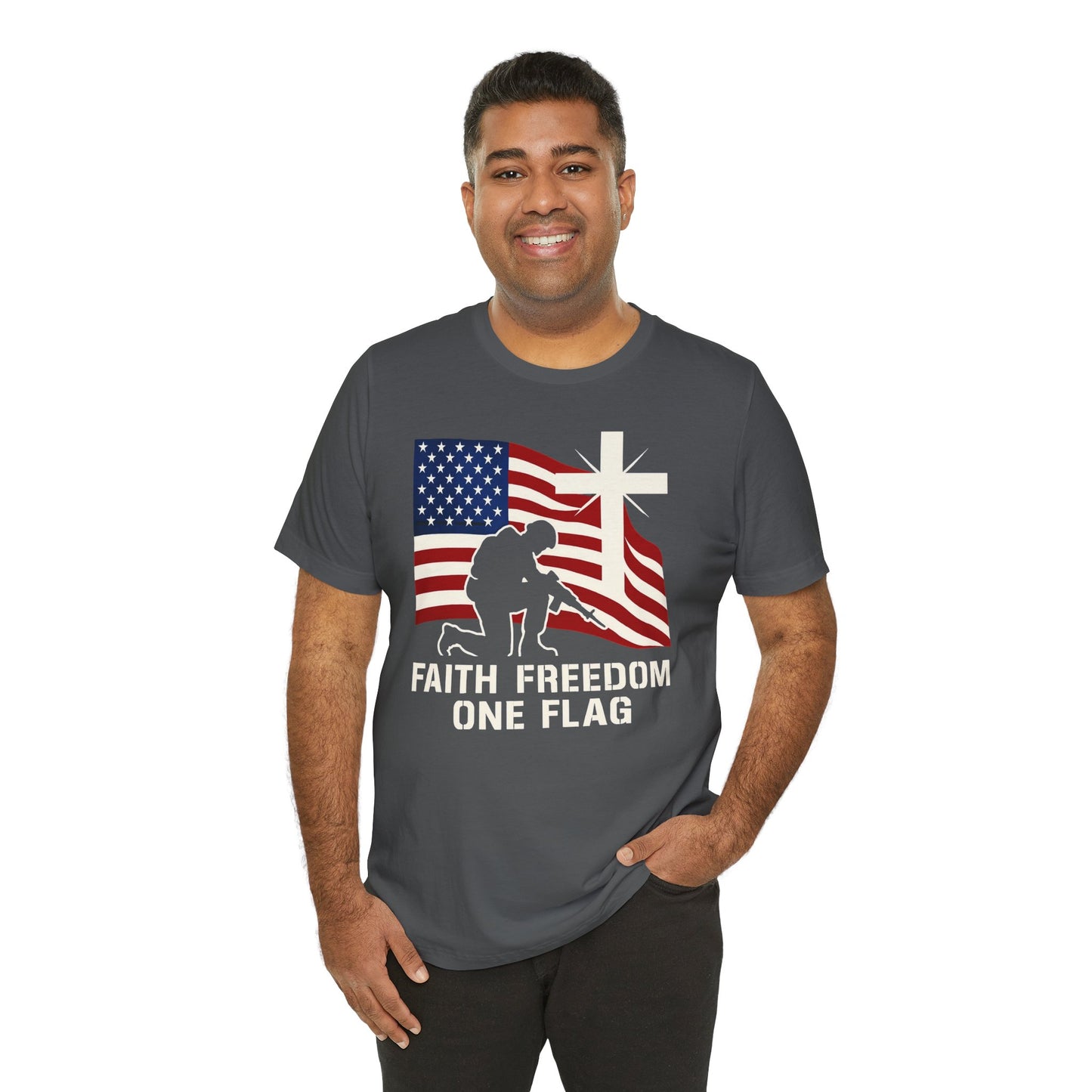 Faith, Freedom & One Flag Tee - Unisex Jersey Short Sleeve T-Shirt, Fourth of July Gift, Family Reunion Apparel, Casual Summer Shirt, American Pride