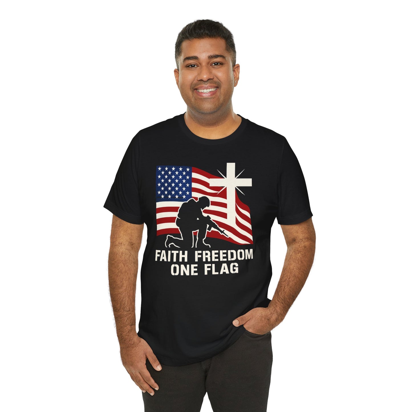 Faith, Freedom & One Flag Tee - Unisex Jersey Short Sleeve T-Shirt, Fourth of July Gift, Family Reunion Apparel, Casual Summer Shirt, American Pride