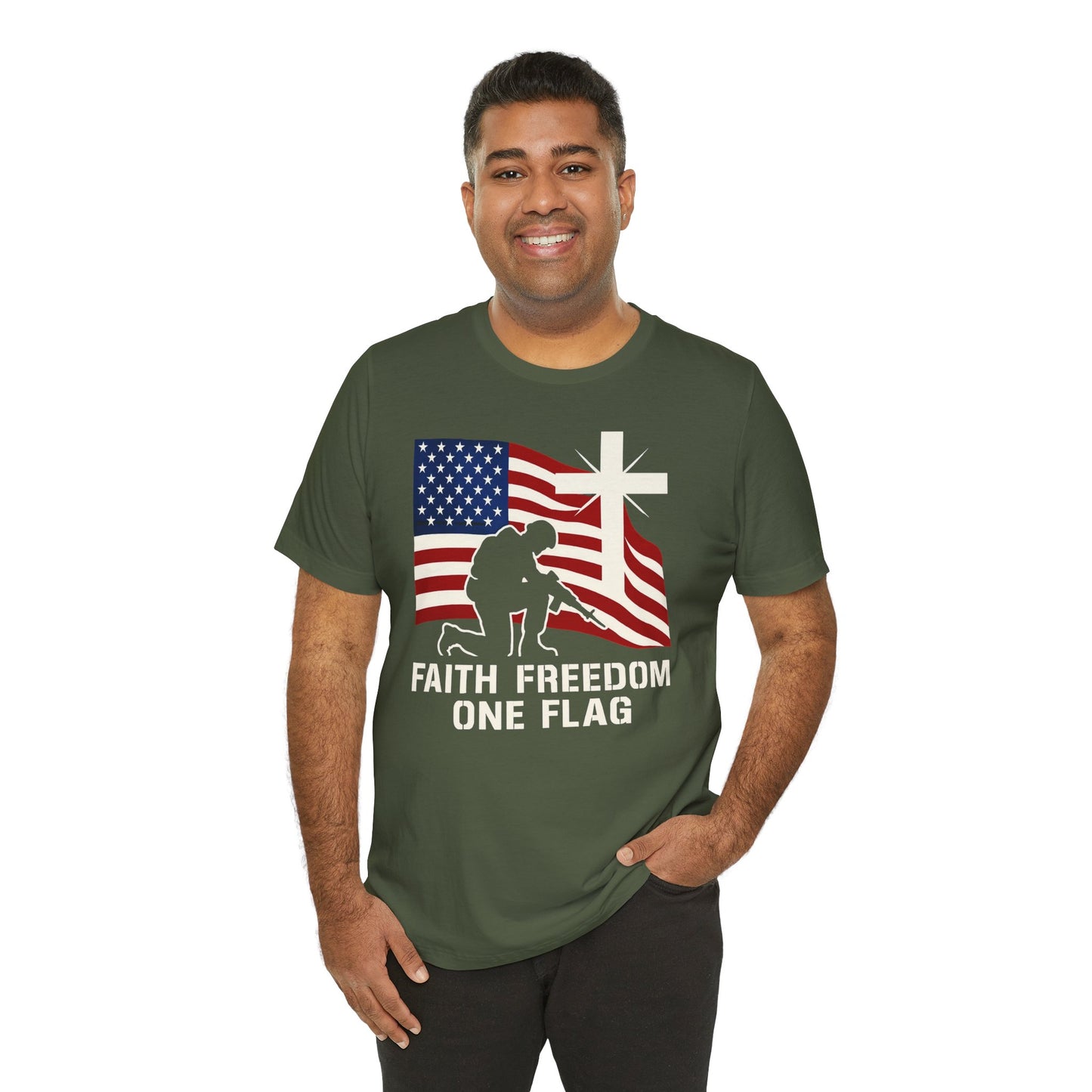 Faith, Freedom & One Flag Tee - Unisex Jersey Short Sleeve T-Shirt, Fourth of July Gift, Family Reunion Apparel, Casual Summer Shirt, American Pride