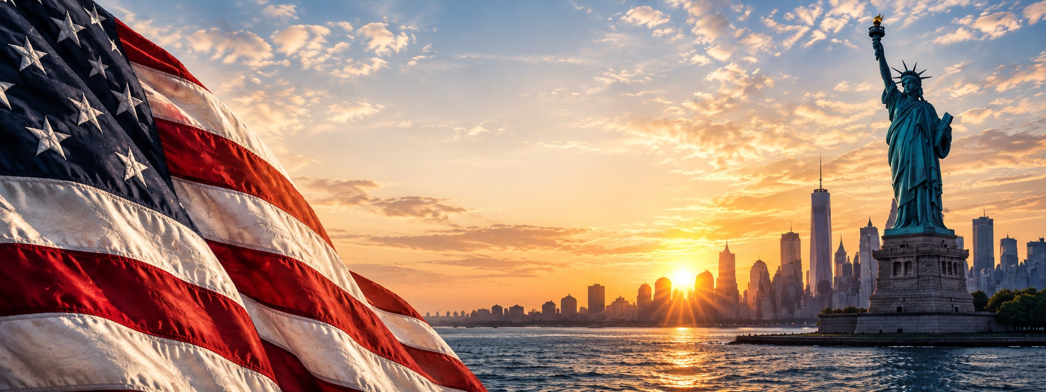 American flag with the New York skyline and Statue of Liberty at sunset