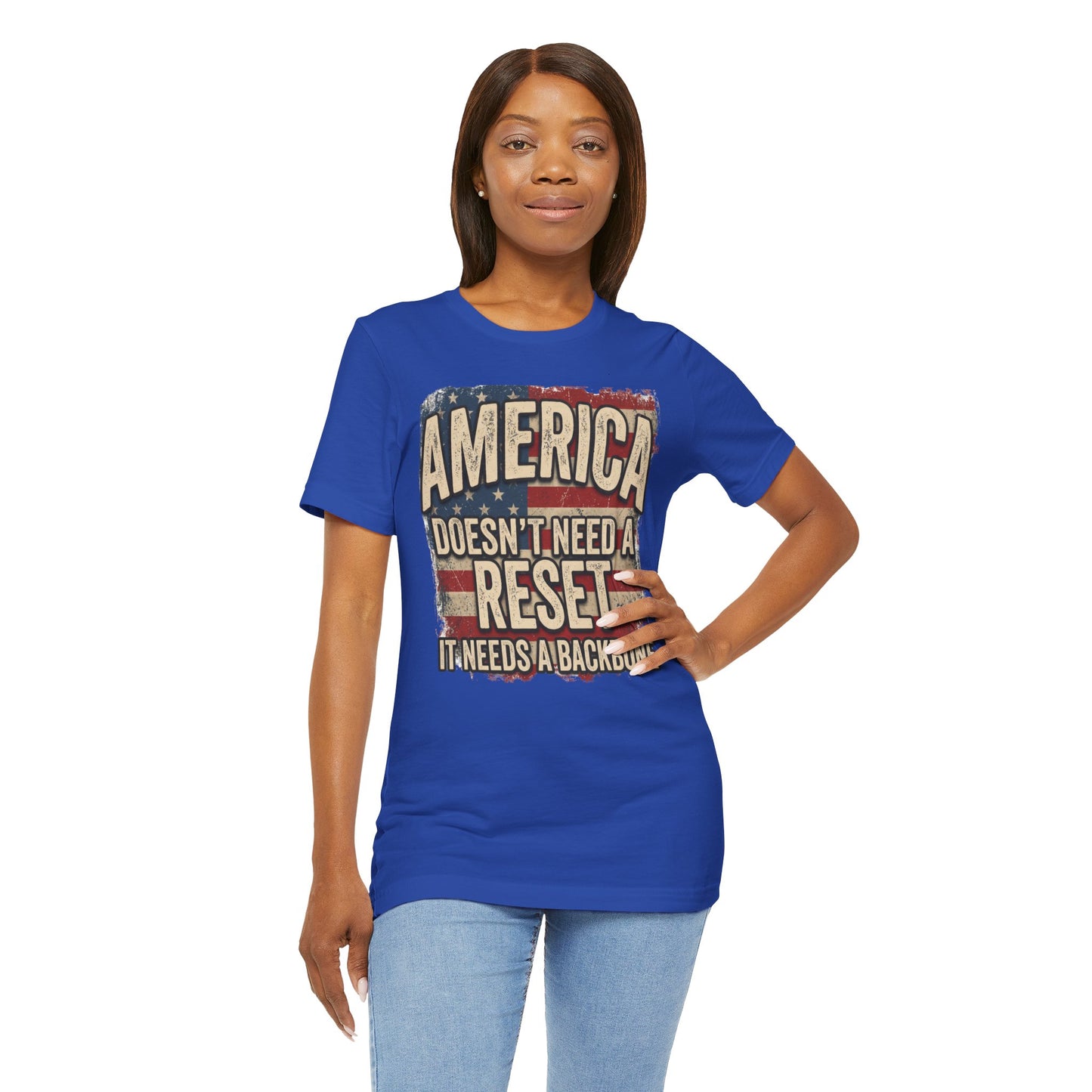 America Doesn't Need a Reset Tee – Patriotic Vintage Flag Graphic T-Shirt