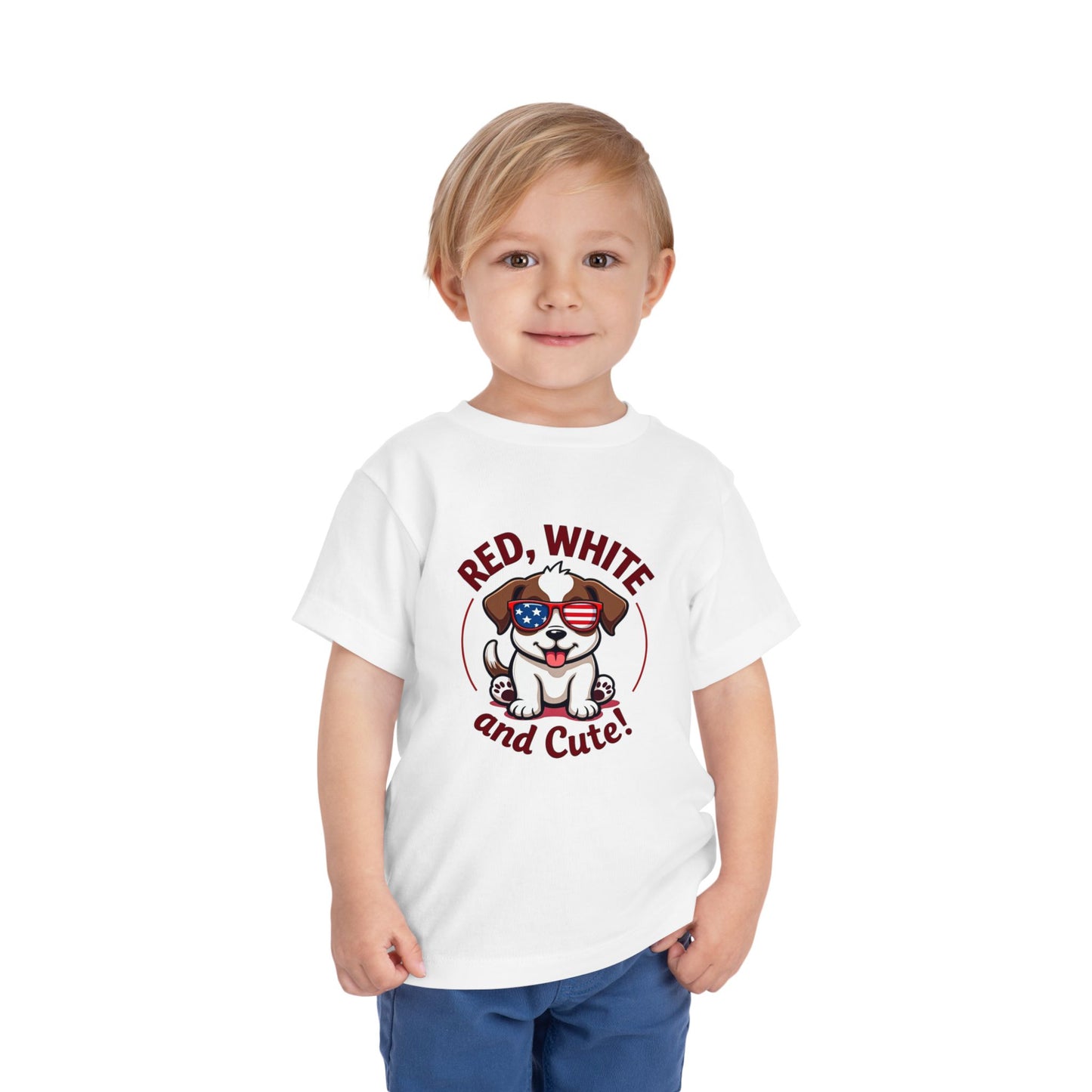 Red, White and Cute Dog Graphic Shirt Toddler Short Sleeve Tee